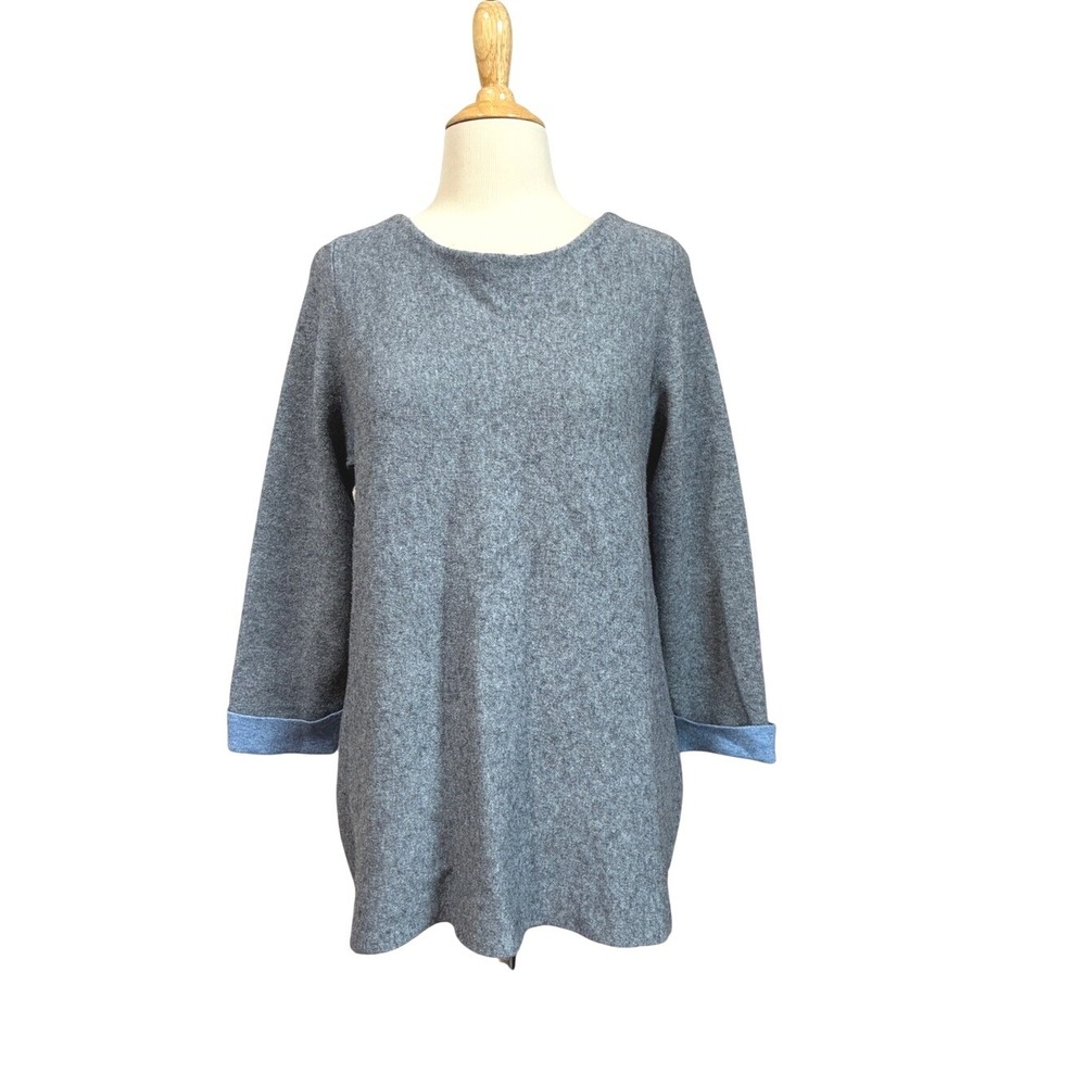 Nanette Lepore Large Grey Wool Blend 3/4 Sleeve Tunic Sweater Cozy Office Cabin